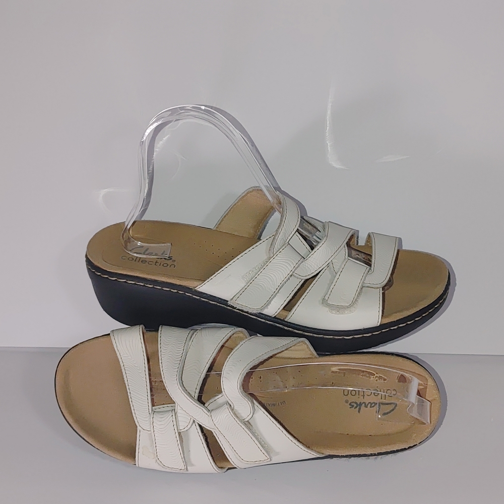 Clarks White Leather Slide Sandals - Women's Comfort Wedges